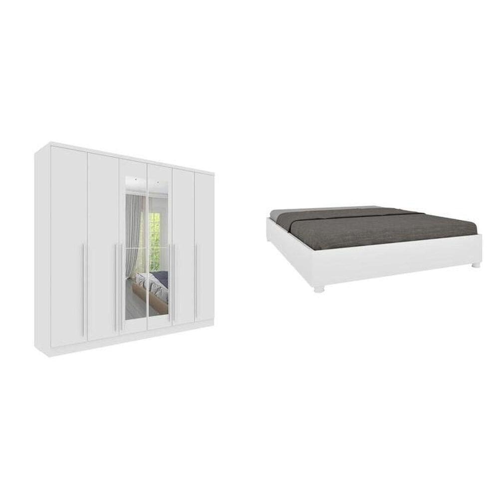 Conjunto Guarda-Roupa Casal 6 Portas 2 com Espelho e Cama Casal Monaco Espresso Móveis Neve/Neve