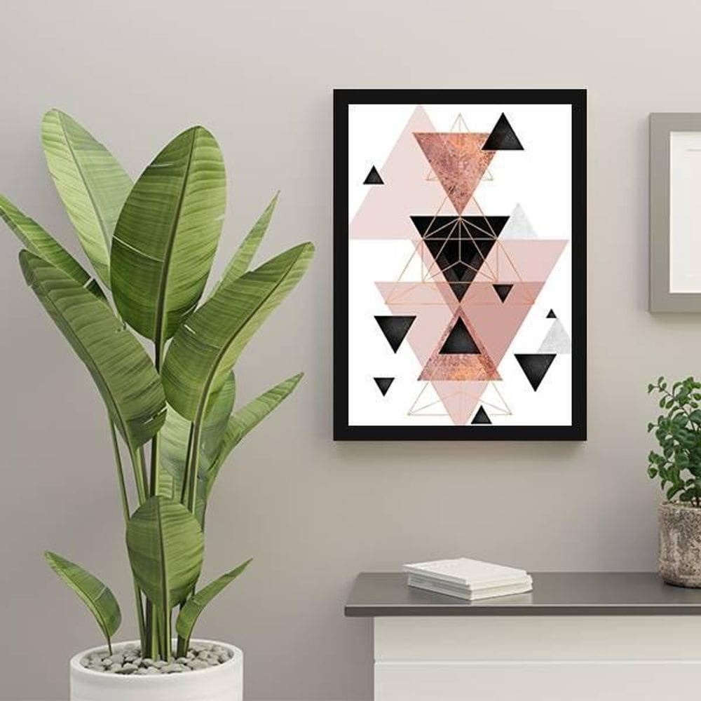 Quadro Abstrato Geométrico Triângulos Cinza, Preto Rosa I 33