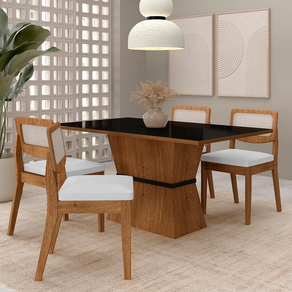 Mesa 1,36 Riva 4 Cadeiras Sextavada Freijó/preto/corino Branco - M.a
