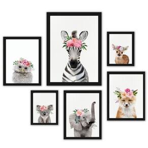 Kit 6 Quadros Animais C/ Flores 18X24Cm, 24X33Cm 33X45Cm M