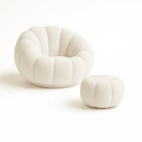Kit Poltrona Decorativa Concha C/Almofada e Puff Boucle Bege Abobora - Montanaris Decor