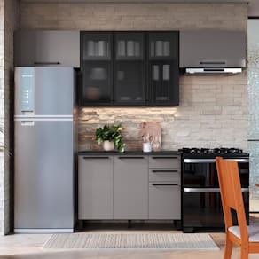 Cozinha Modulada Compacta Fidelitá Mônaco 4 Peças 280cm 8 Portas 2 Gavetas Com Tampo Cinza/Titânio