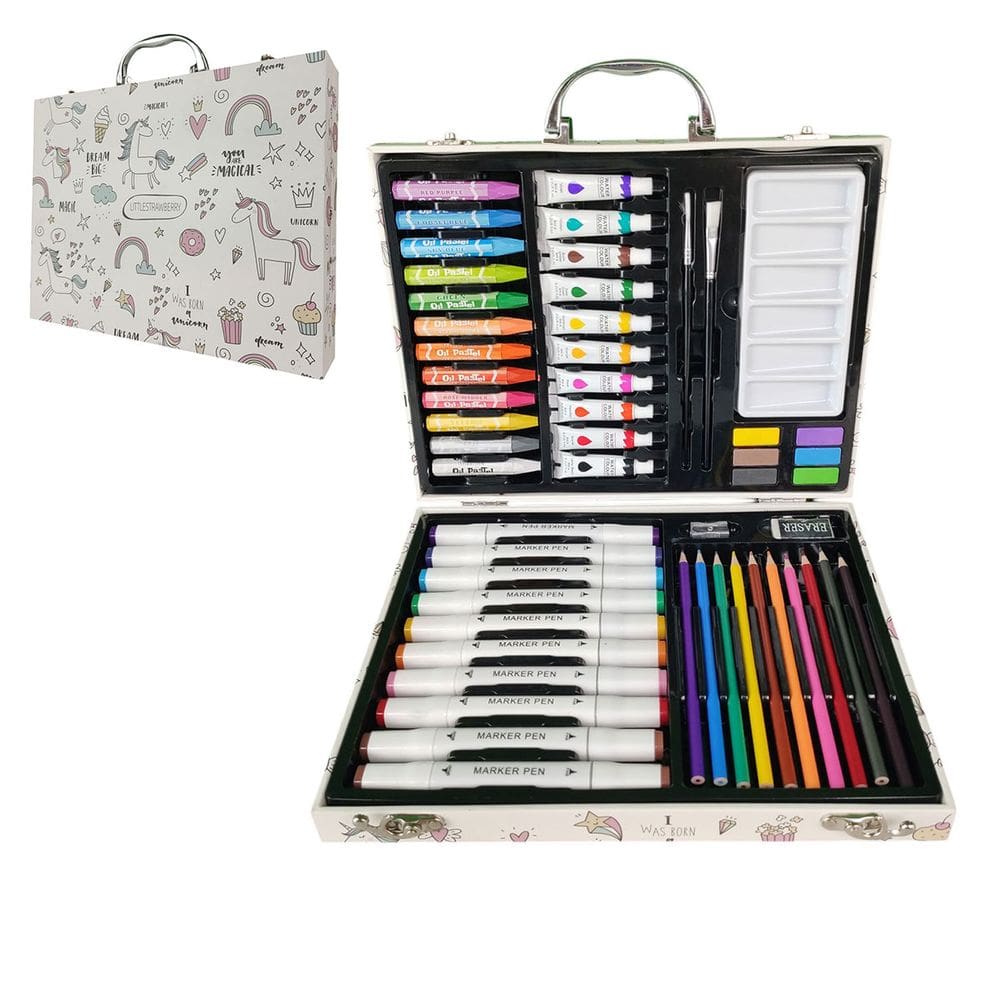 Maleta de Pintura Infantil Criança Estojo 53 Peças Canetinha Lapis de Cor Tinta Pincel