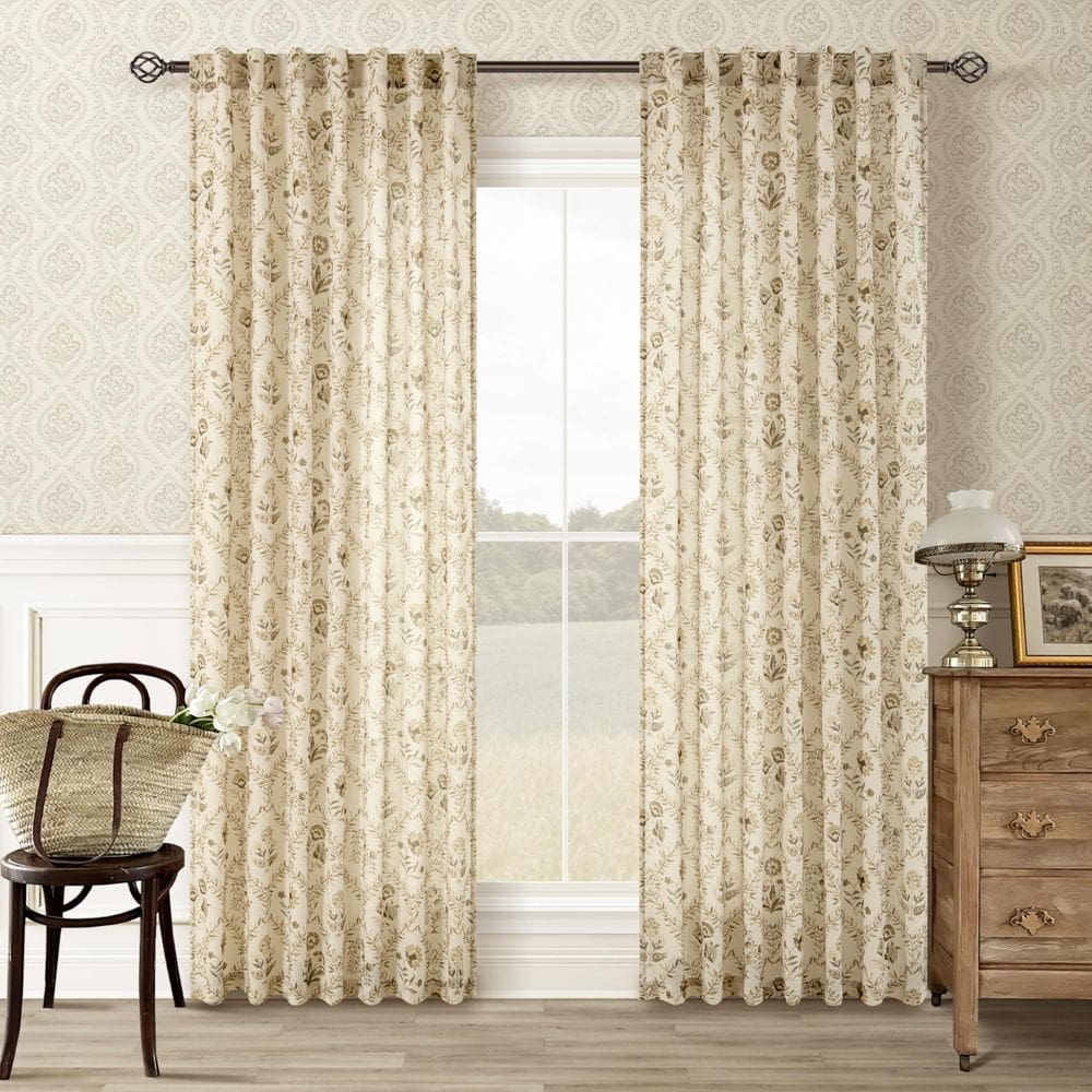 Cortinas: DOIS PAINÉIS, castanho, castanho, linho floral, 220x218cm, 2 painéis