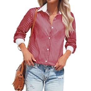 Camisa de botão listrada em siliteelon para mulheres de algodão L