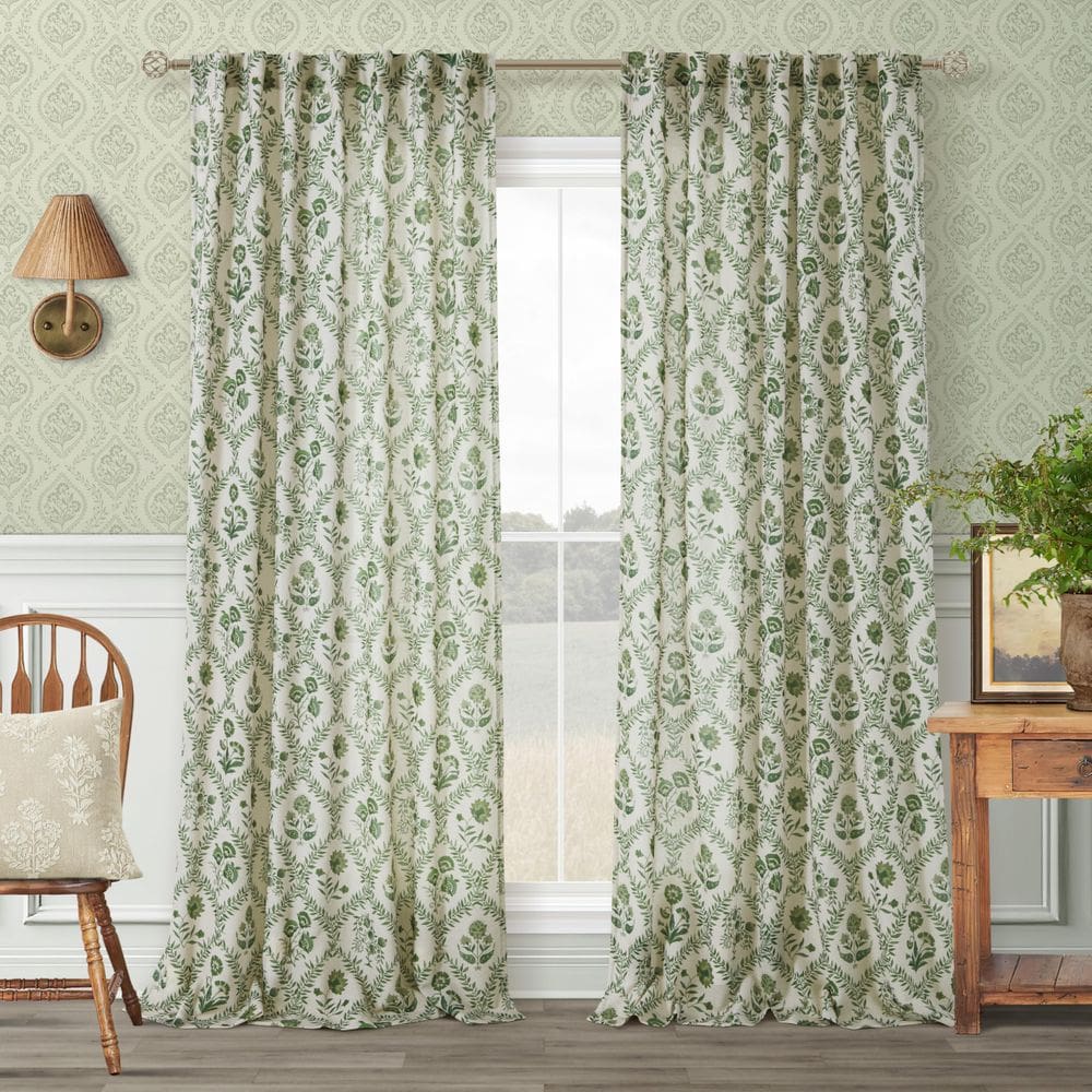 Cortinas TWOPANELS, extra longas, verdes, florais, 300 cm, mistura de linho