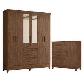 Guarda Roupa Casal Itatiba com espelho e Cômoda Vênus com pés Castanho Wood – Moval