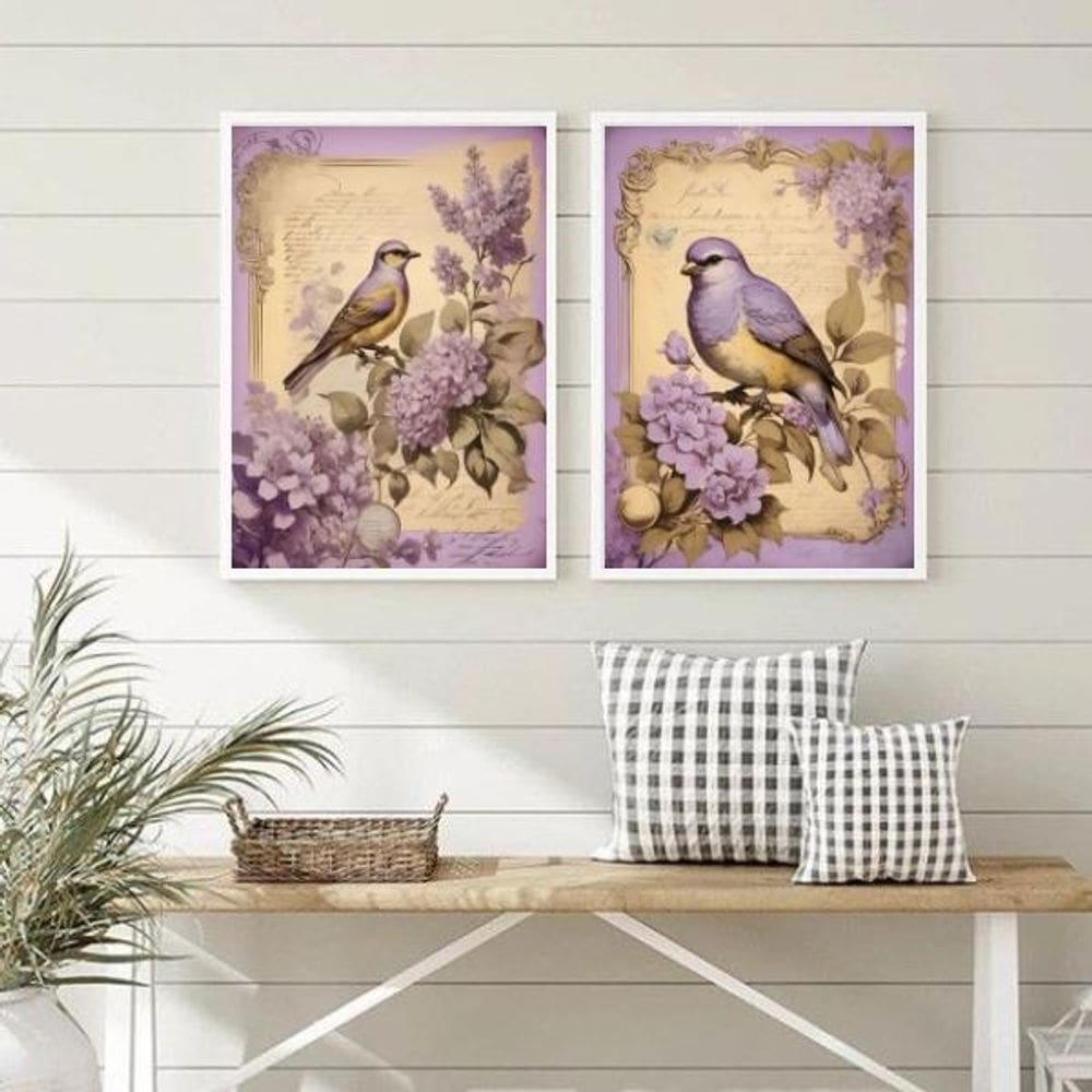 Kit 2 Quadros Decorativos Passarinhos 33X24Cm Madeira Pret