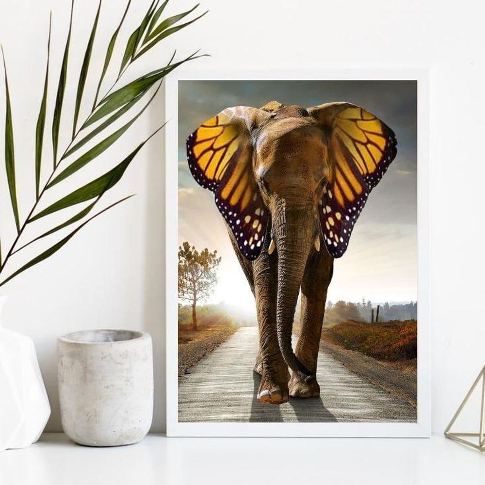 Quadro Decorativo Elefante Asas Borboleta 33X24Cm Madeira