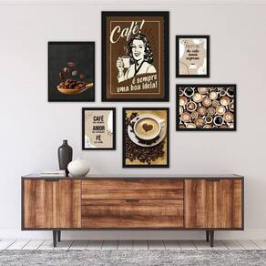 Kit 6 Quadros Café Madeira Preta Tamanhos Variados Ace