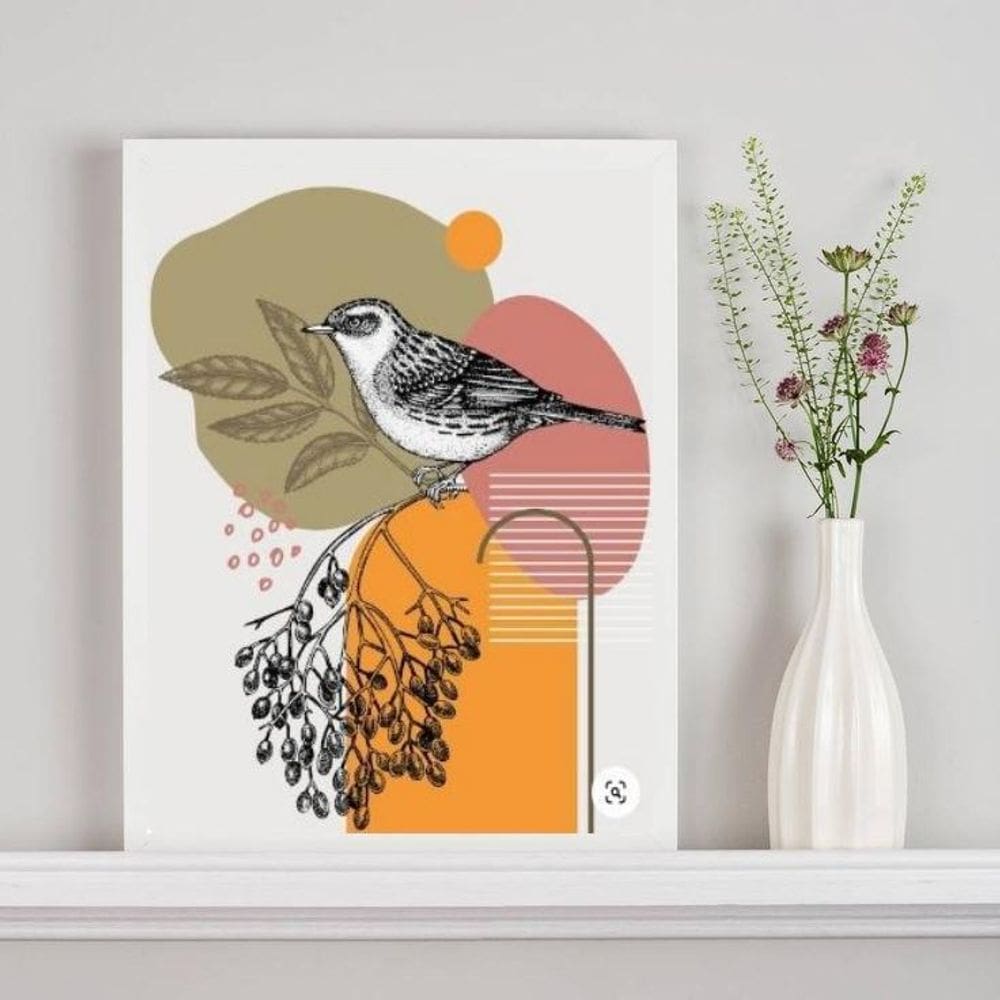 Quadro Aquarela Abstrato Passarinho 45X34Cm Vidro Moldura