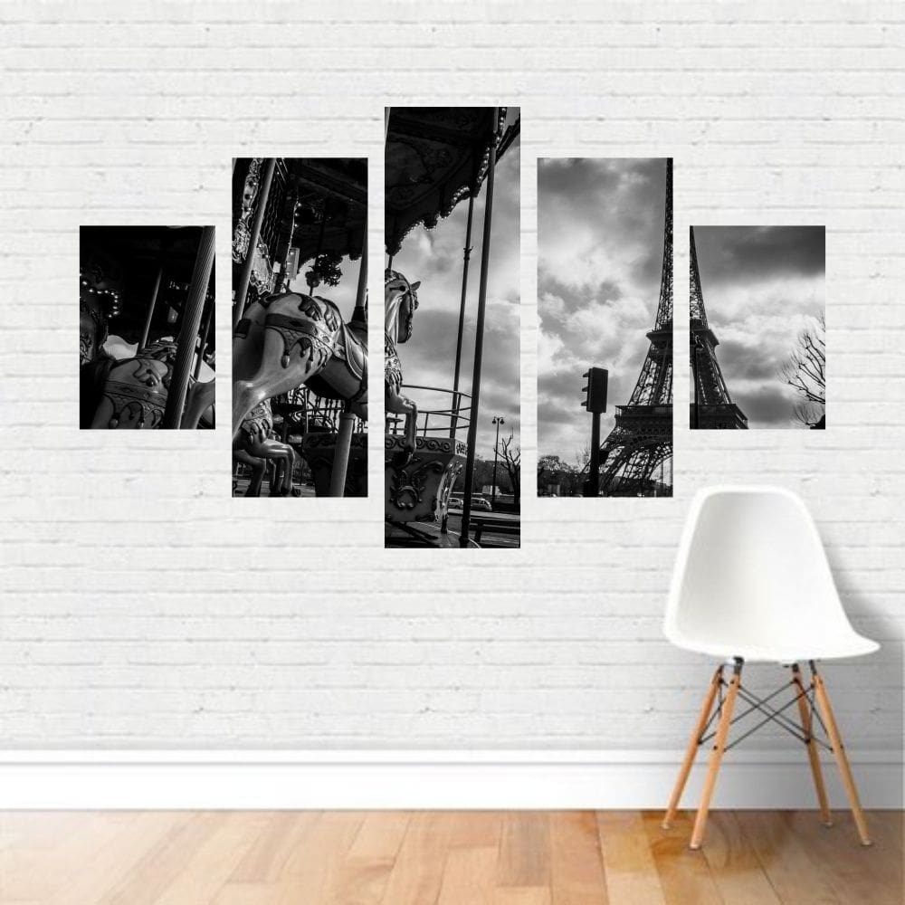 Quadro Preto Branco Paris França Carrossel Torre Eiffel Canv