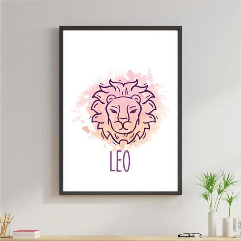 Quadro Decorativo Signos Aquarela Leão 34X23Cm Moldura Branc