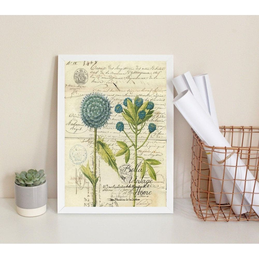 Quadro Flores Azuis Botânica Retrô 24X18Cm Madeira Branc