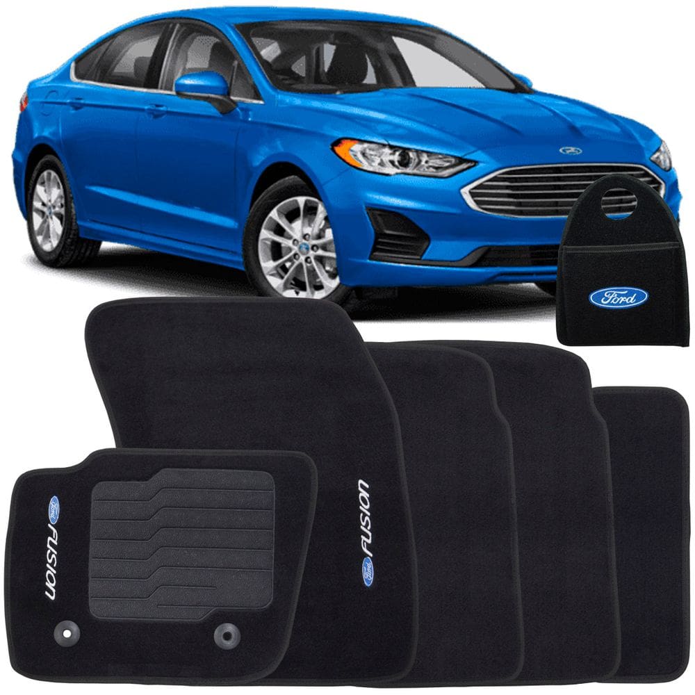 Jogo Tapete Automotivo Carpete + Lixeira Fusion 2013 à 2019 Soft Logo Bordado Preto 6 Peças
