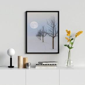 Quadro Paisagem Neve Árvores Lua 45X34Cm Moldura Branca