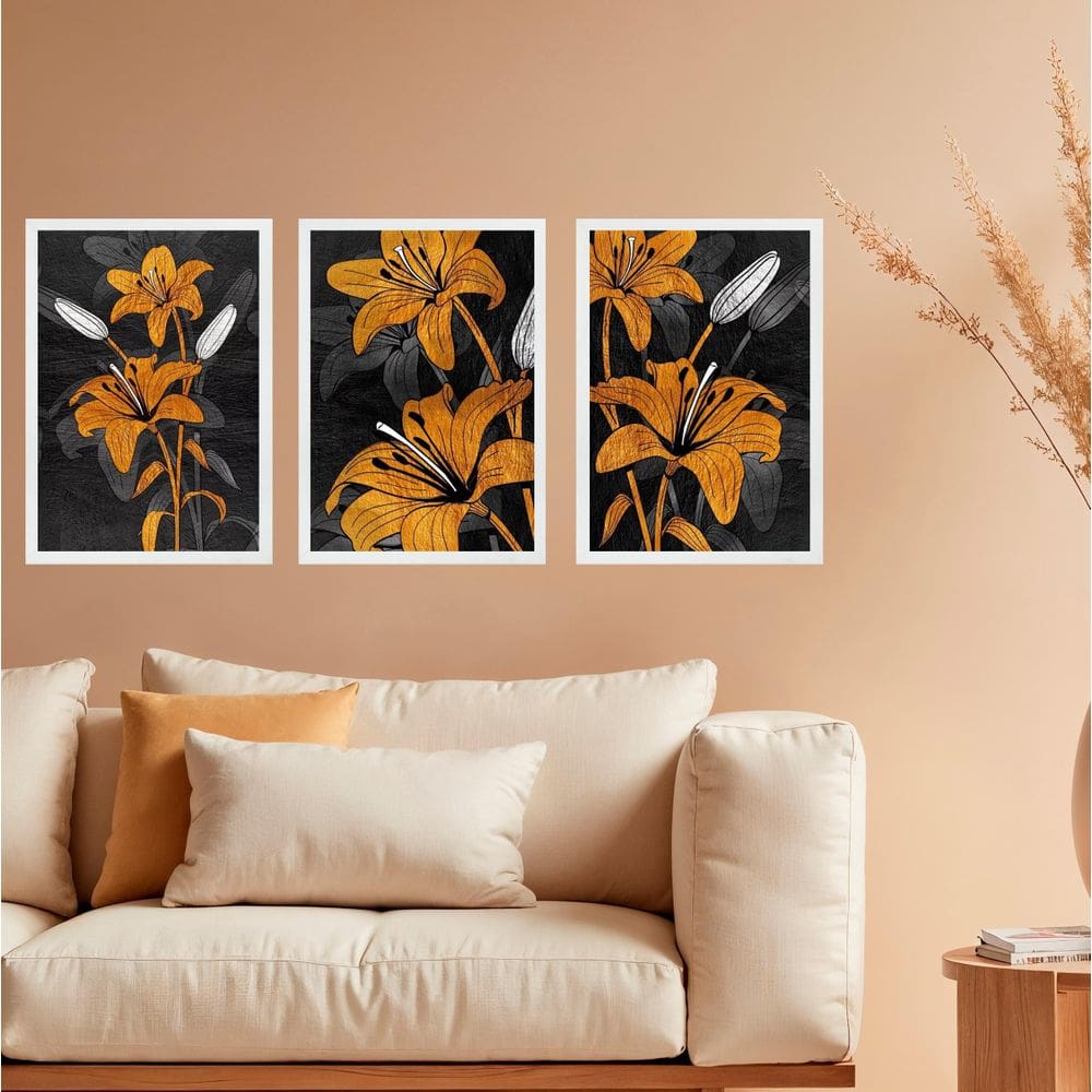 Kit 3 Quadros Decorativos Lírios Marrom E Preto 33X24Cm