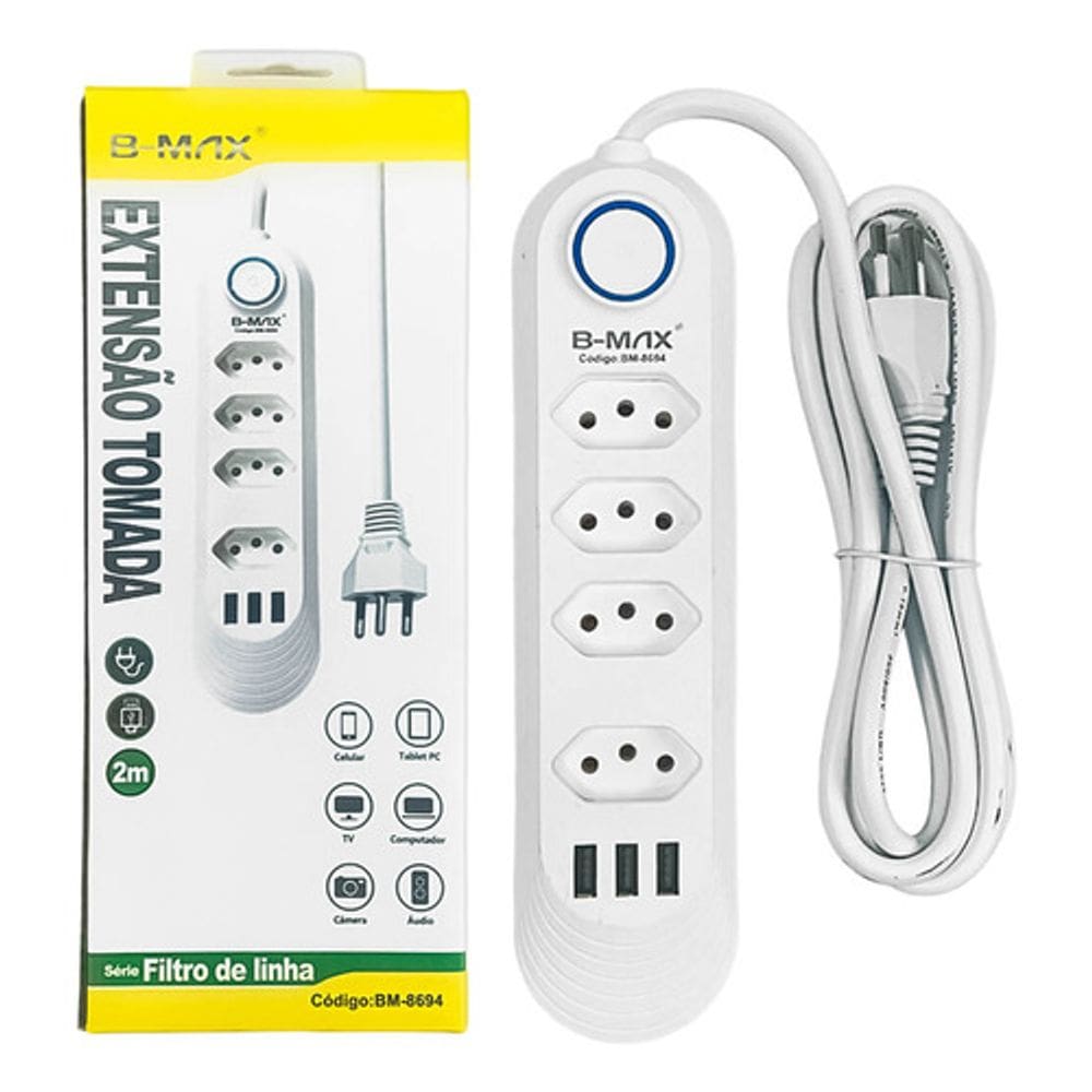 Extensão Tomada Filtro de Linha 4 Tomadas + 3 USB Proteção e Carga Rápida 2500W