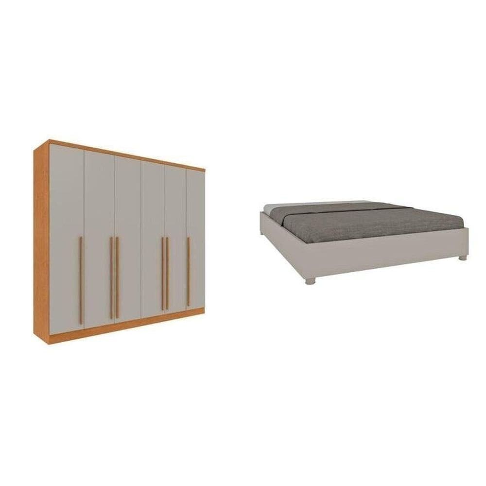 Conjunto Guarda Roupa Casal 6 Portas e Cama Casal Mônaco Espresso Móveis Cinamomo/Off White