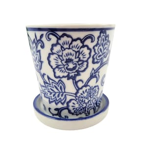 Mini Vaso Porcelana Arabesco Azul E Branco Com Pires 8Cm
