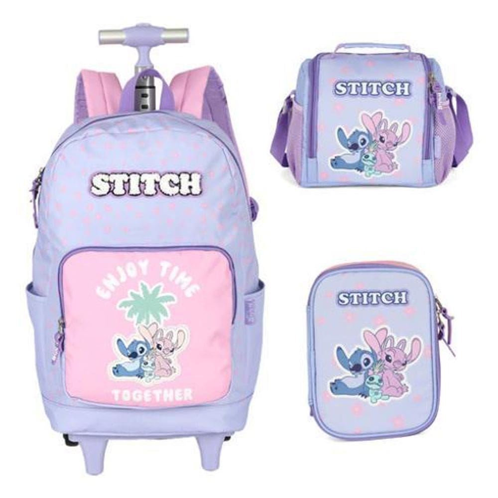 Kit Mochila Com Rodinhas Escolar Stitch E Angel