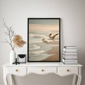 Quadro Decorativo Nuances Bege Praia Pássaros 45X34Cm Vidro