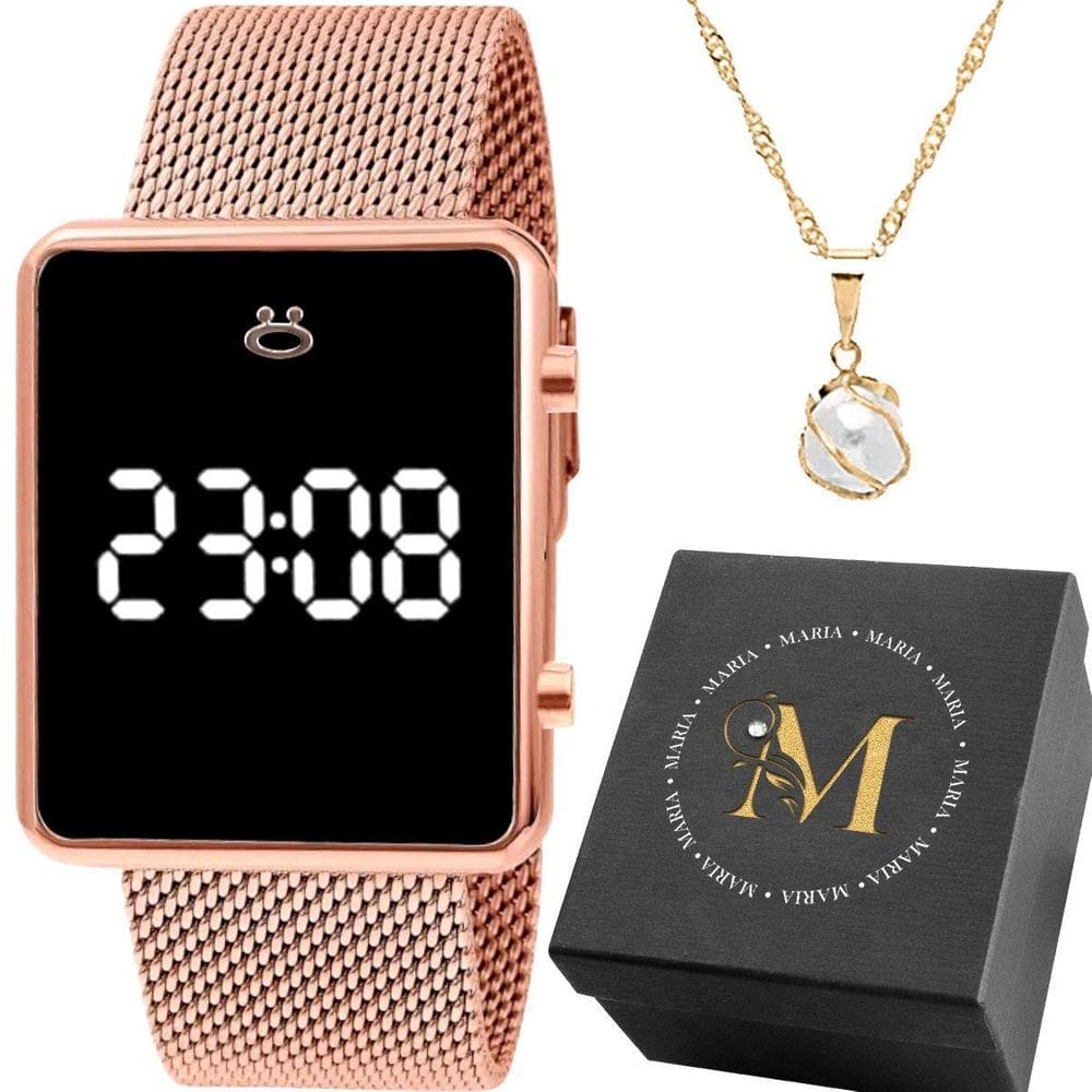 Relogio Feminino Aço Silicone Digital + Colar Perola + Caixa