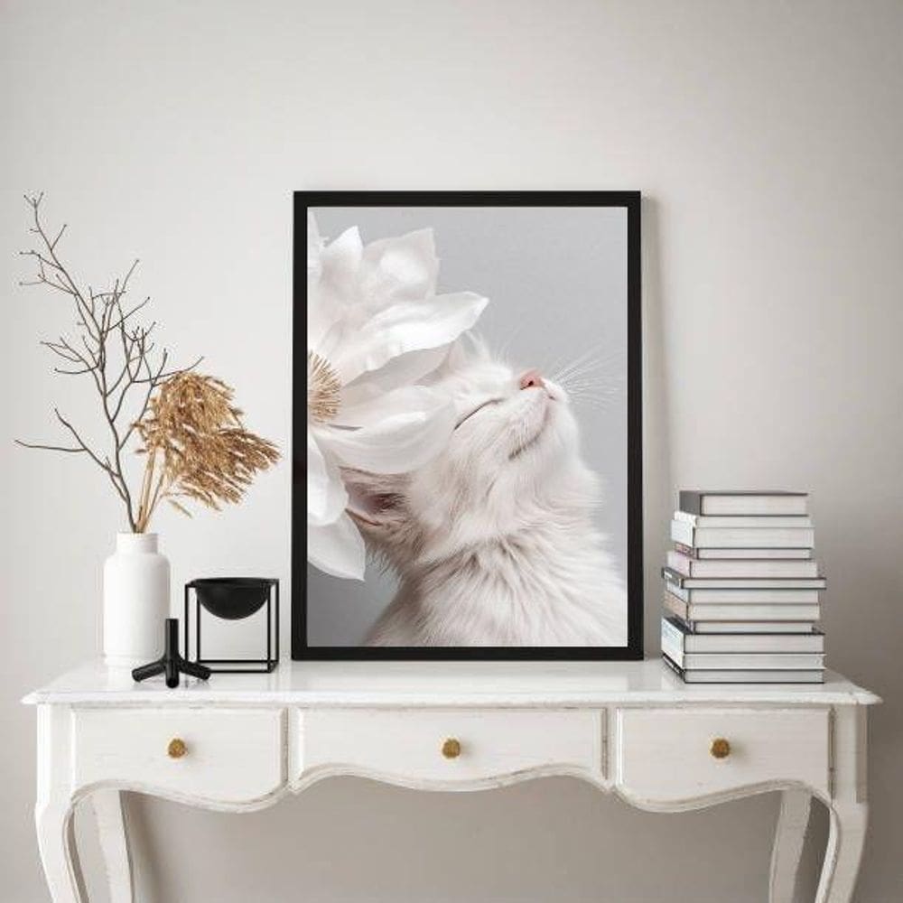 Quadro Decorativo Gatinho Branco Flor Branca 33X24Cm - Vidro