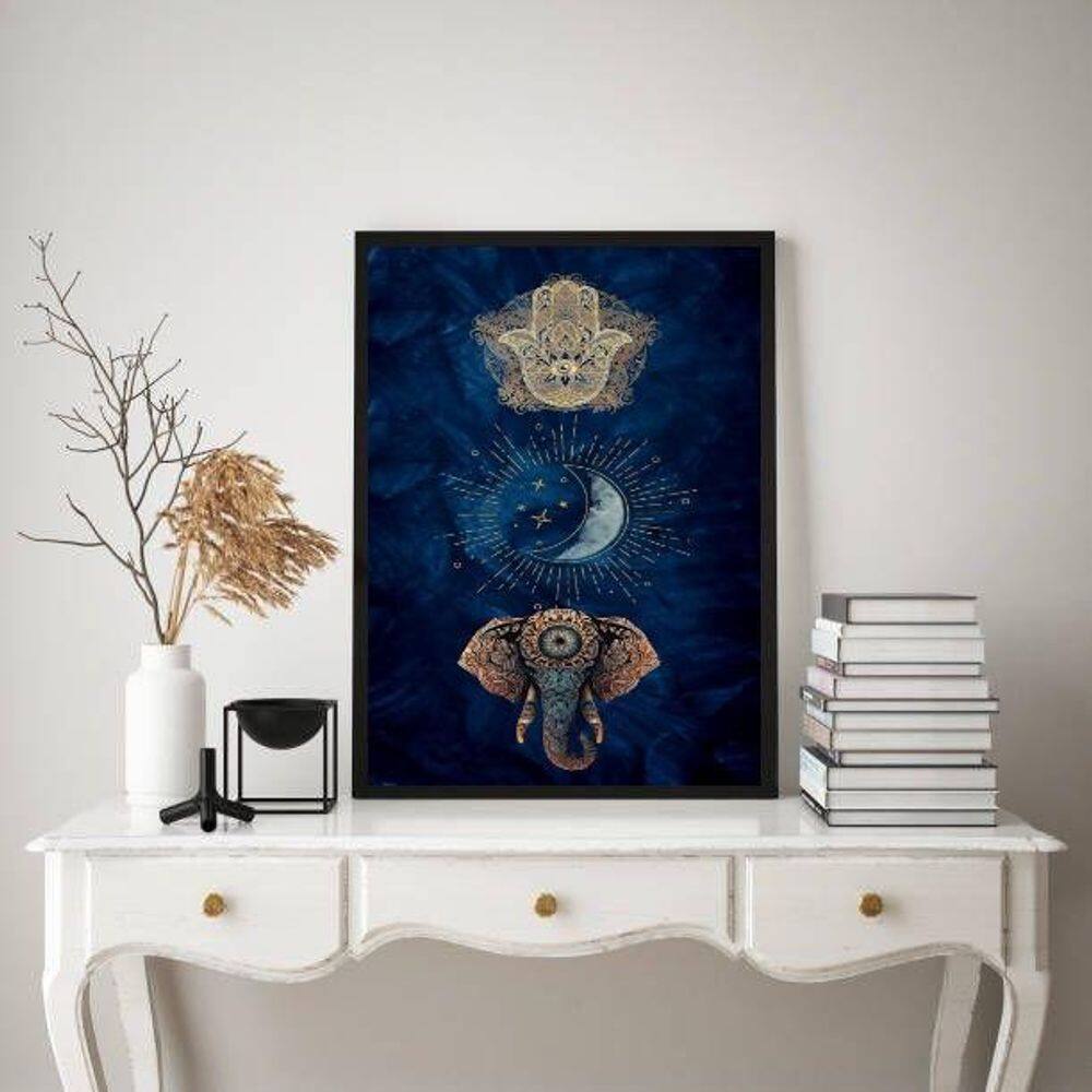 Quadro Mistico Hamsa Lua Elefante 33X24Cm - Com Vidro