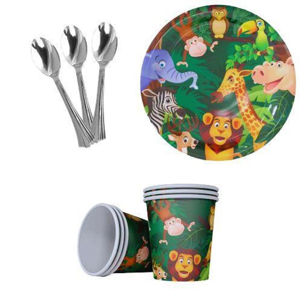 Kit 20 Convidados Pratos Copos Papel Colher 14Cm Safari