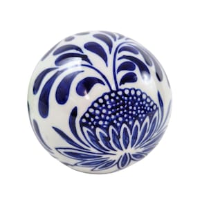 Bola Decorativa Porcelana Floral Azul E Branca 10Cm