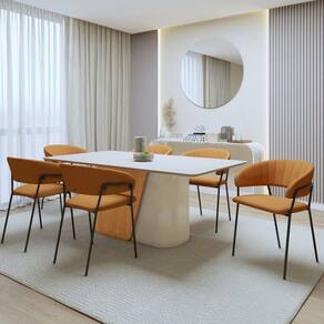 Conjunto Sala de Jantar 6 Lugares Retangular com Tampo Mdf Luar Cadeiras Estofadas Off White/Amêndoa Clean/Caramelo