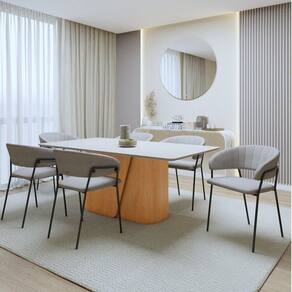 Conjunto Sala de Jantar 6 Lugares Retangular com Tampo Mdf Cadeiras Estofadas Luar Espresso Móveis Amêndoa Clean/Off White/Cinza