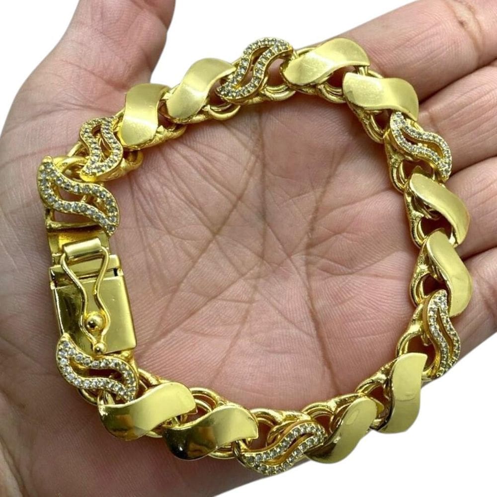Pulseira Friso S 13Mm Cravejada Banhado A Ouro 18K