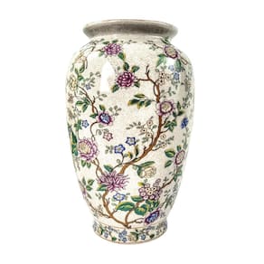 Vaso Porcelana Floral Colorido Craquelê 30Cm Decoração