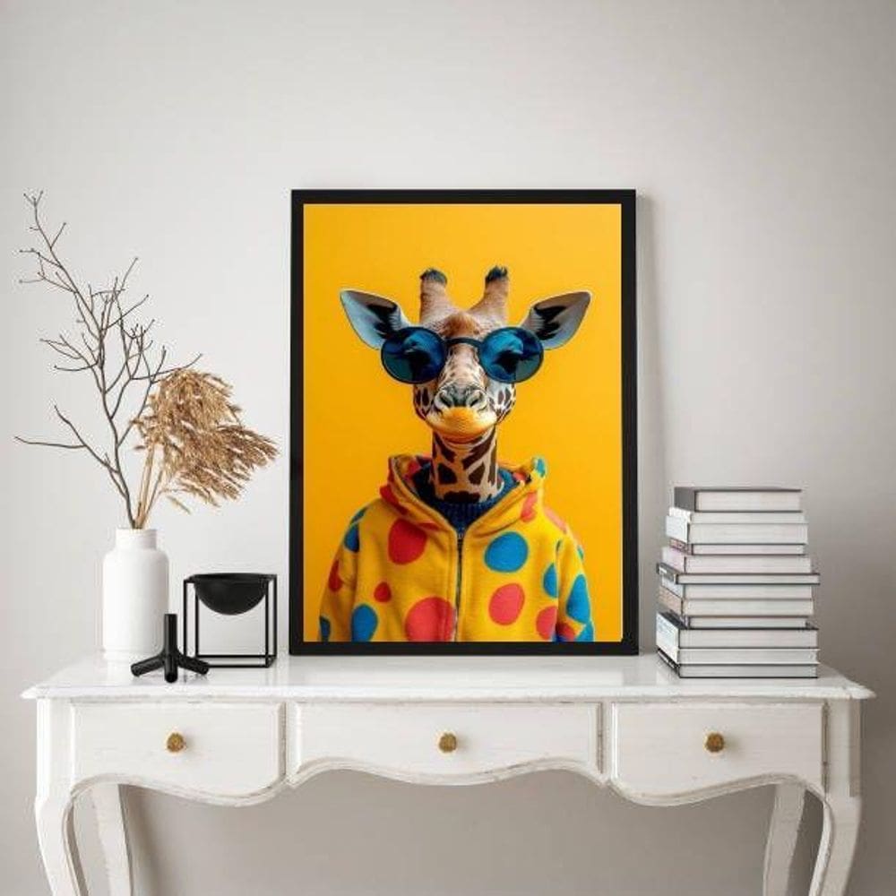 Quadro Girafa Moderna Fashion Colorida Óculos 45X34Cm Vidro