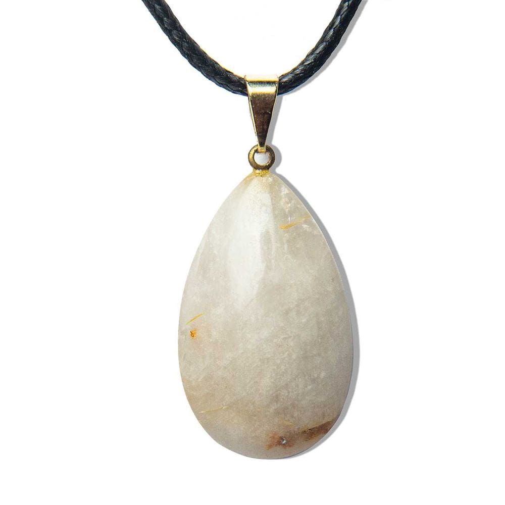 Colar Gota Pedra Cristal com Rutilo Montagem Pino Dourado