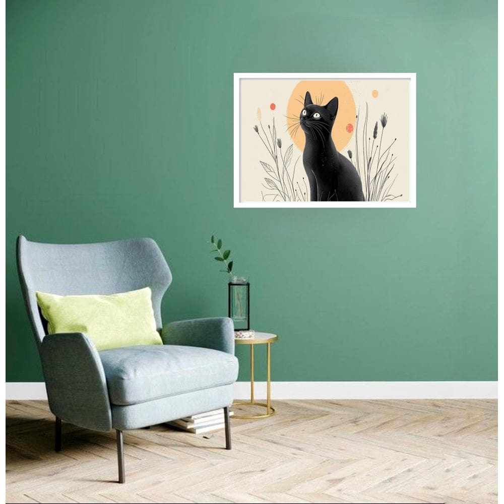 Quadro Decorativo Gato Preto Sol Flores - 50X70Cm