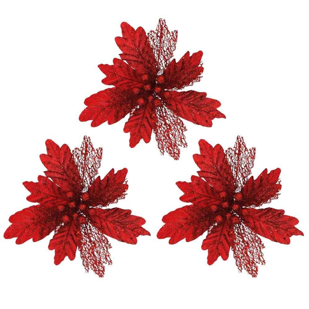 Kit 3 Flores Bico de Papagaio Natal Pick Recort Glitter Vermelho 25cm - Magizi