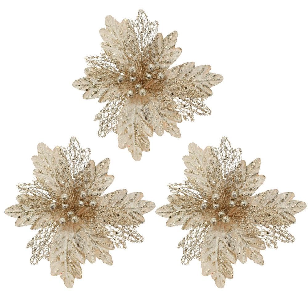 Jogo 3 Flores Bico de Papagaio Natal Pick Recort Glitter Champanhe 25cm - Magizi