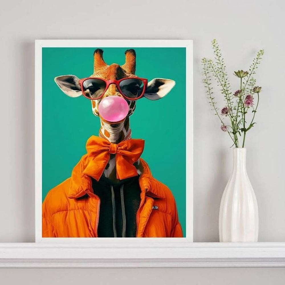 Quadro Girafa Moderna Fashion Colorida 24X18Cm - Com Vidro