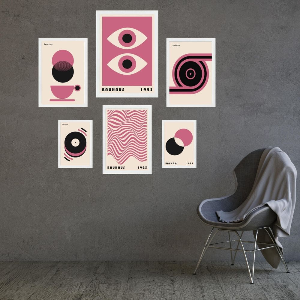 Composição 6 Quadros Artes Bauhaus Rosa E Bege - Com Vidro