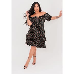 Vestido Plus Size Floral com Babados Ombro a Ombro