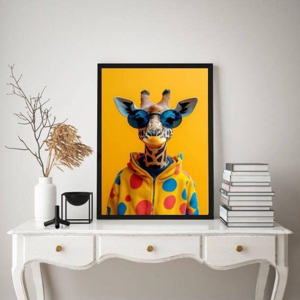 Quadro Girafa Moderna Fashion Colorida Óculos 33X24Cm Vidro