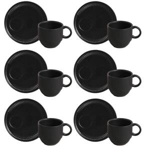 Conjunto de 6 Xícaras de Chá com Pires Stoneware Linhas Preto Matt 230ml - Porto Brasil
