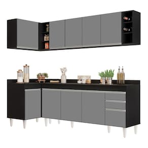 Armário De Cozinha Modulado De Canto Direito 5 Peças Cp44 Balcão Com Tampo Preto/cinza - Lumil