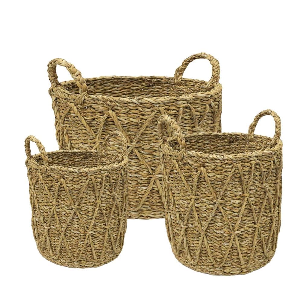 Jogo 3 Cestos em Seagrass Fibra Natural Trançado com Alças Caubi Grande 25cm a 37cm - Jolitex