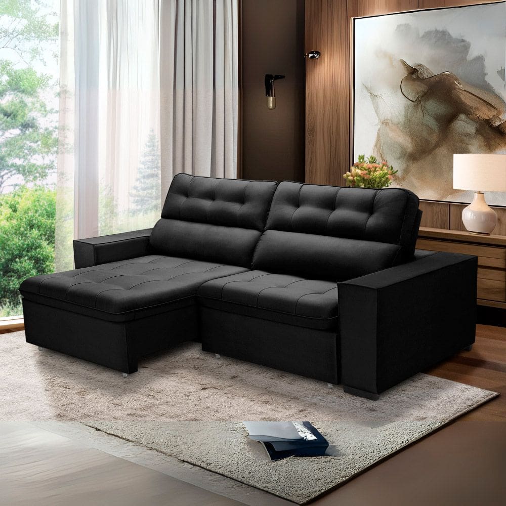 Sofa Retratil Reclinavel 2 Lugares 2,20 Vitória Veludo Preto LansofBr
