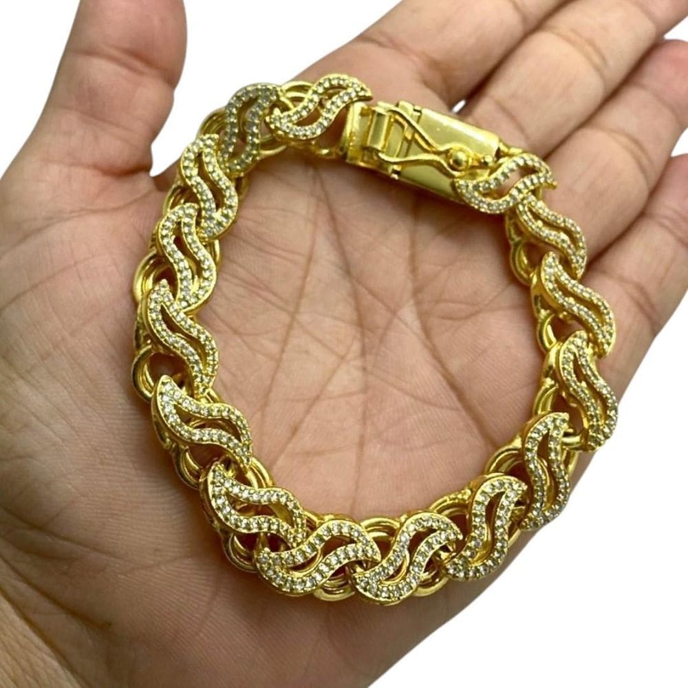Pulseira Friso S 12Mm Cravejada Pedras Brilhantes Ouro 18K