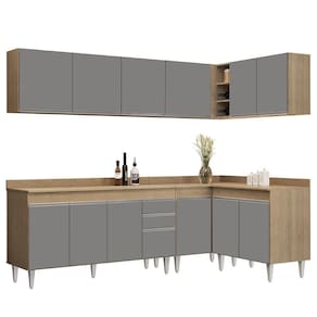 Armário De Cozinha Modulado De Canto 6 Peças Cp32 Balcão Com Tampo Castanho-cinza
